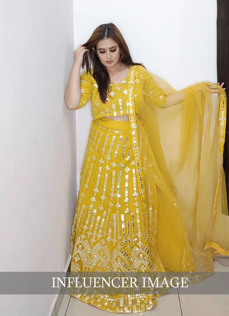 Angelic Yellow Mirror Work Georgette Lehenga Choli Set