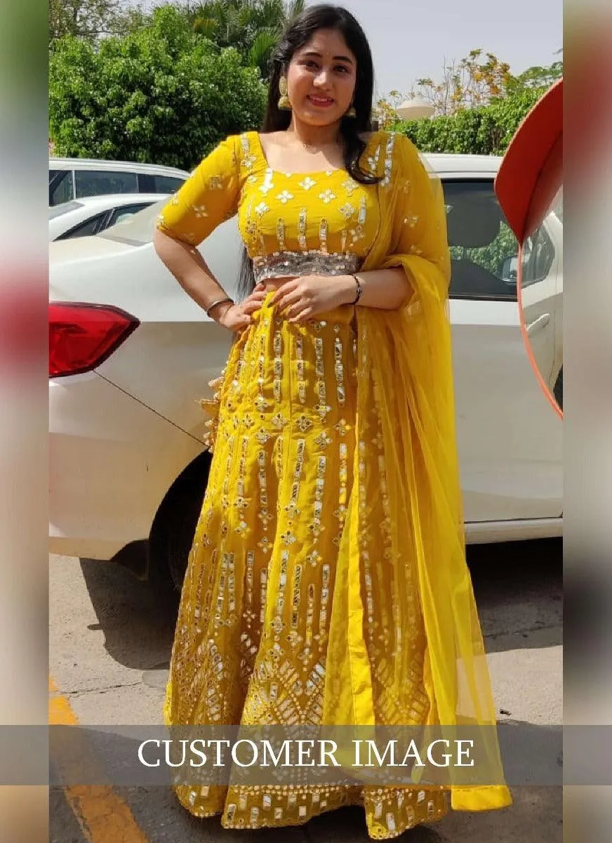 Angelic Yellow Mirror Work Georgette Lehenga Choli Set