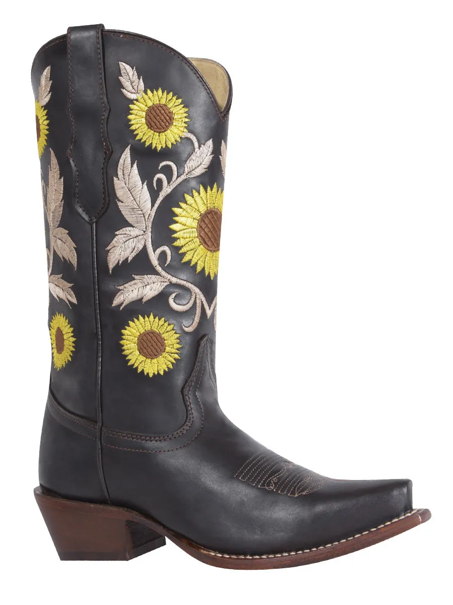 Botas Vaqueras Rodeo Retro con Tubo Bordado de Girasoles de Piel Genuina para Mujer 'Centenario' - ID: 125777