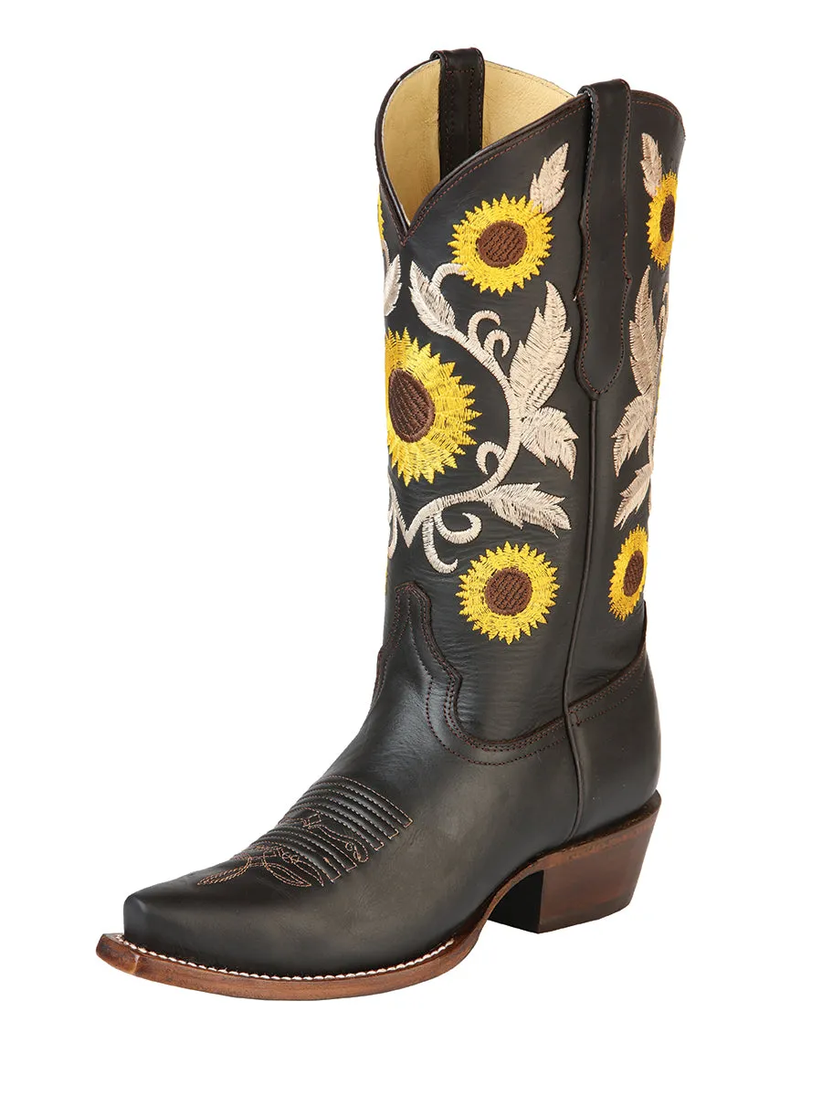 Botas Vaqueras Rodeo Retro con Tubo Bordado de Girasoles de Piel Genuina para Mujer 'Centenario' - ID: 125777