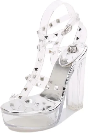 Clear High Heels for Women Womens Sandals Strappy Heels for Women Square Open Toe Chunky High Heels Ankle Strap Heeled Sandals for Women