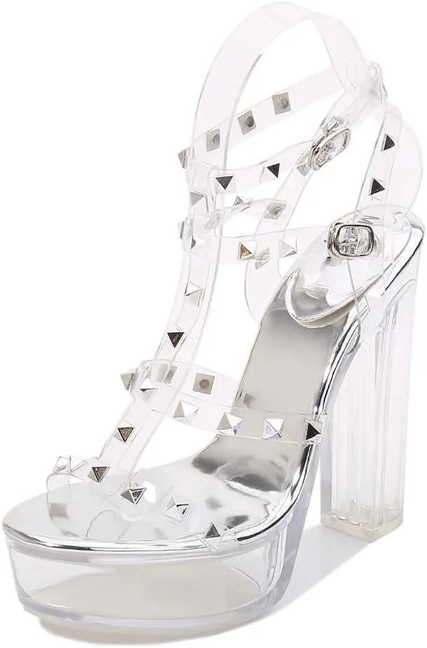 Clear High Heels for Women Womens Sandals Strappy Heels for Women Square Open Toe Chunky High Heels Ankle Strap Heeled Sandals for Women