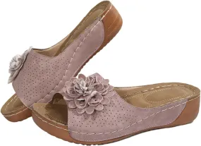Comfortable Non-Slip Solid Color Open-Toe Wedge Sandals for Dress Orthopedic Summer Ladies Platform Leather Arch Support Shoes Chic Flowers Women Fish Mouth Open Toe Slippers Sandal