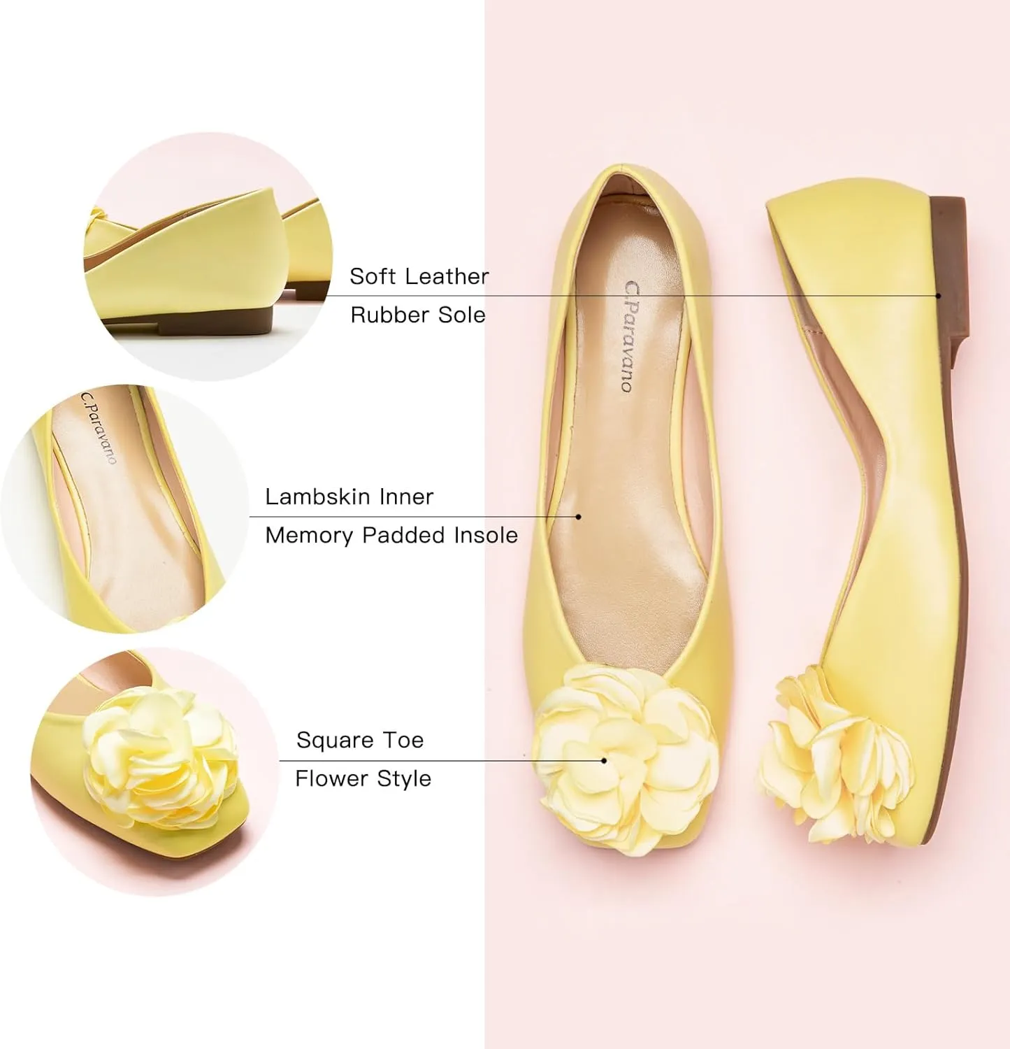 C.Paravano Ballet Flats for Women | Womens Flats Shoes | Square Toe Flats| Women's Flats | Slip On Dress Shoes | Flower Shoes