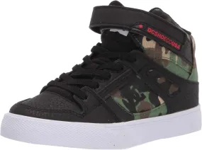 DC Boy's Pure High Top EV Skate Shoes with Ankle Strap and Elastic Laces, Black Camo, 4 Big Kid