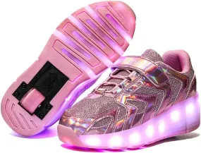 EEUK 7 Colors Led Rechargeable Kids Roller Skate Shoes with Wheel Shoes Sport Sneaker Light Up USB Charge Roller Skate Flashing Sneakers for Girls Boys Gift, Pink