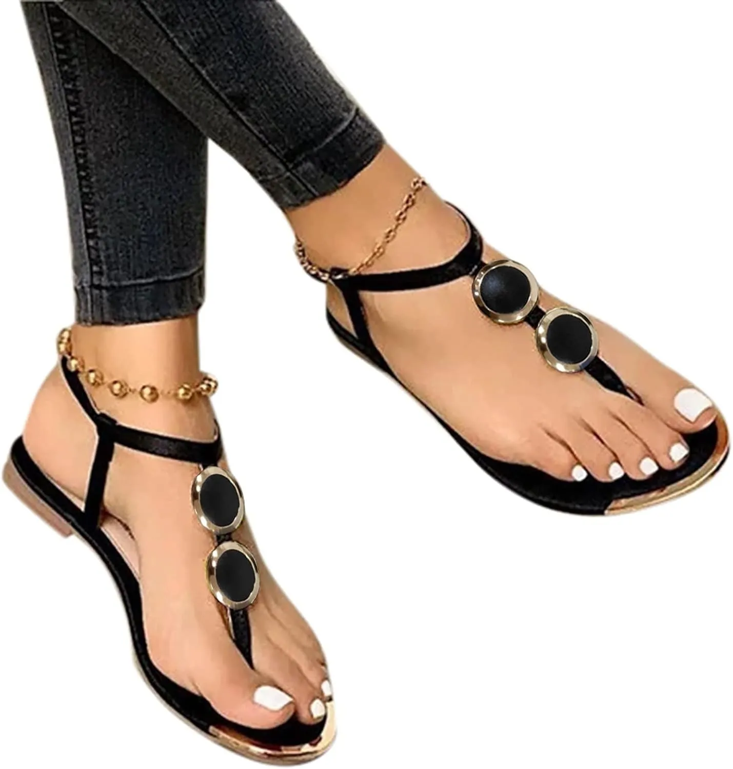 Flip Flops for Women, Summer Open Strap Shoes Toe Buckle Casual Beach Flat Sandals for Woman
