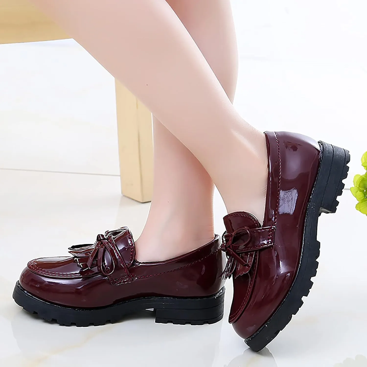 Girls Slip On Leather Loafer Tassel Bow Flats School Dress Shoes for Girls Toddler Walking Shoes (Wine, 25)