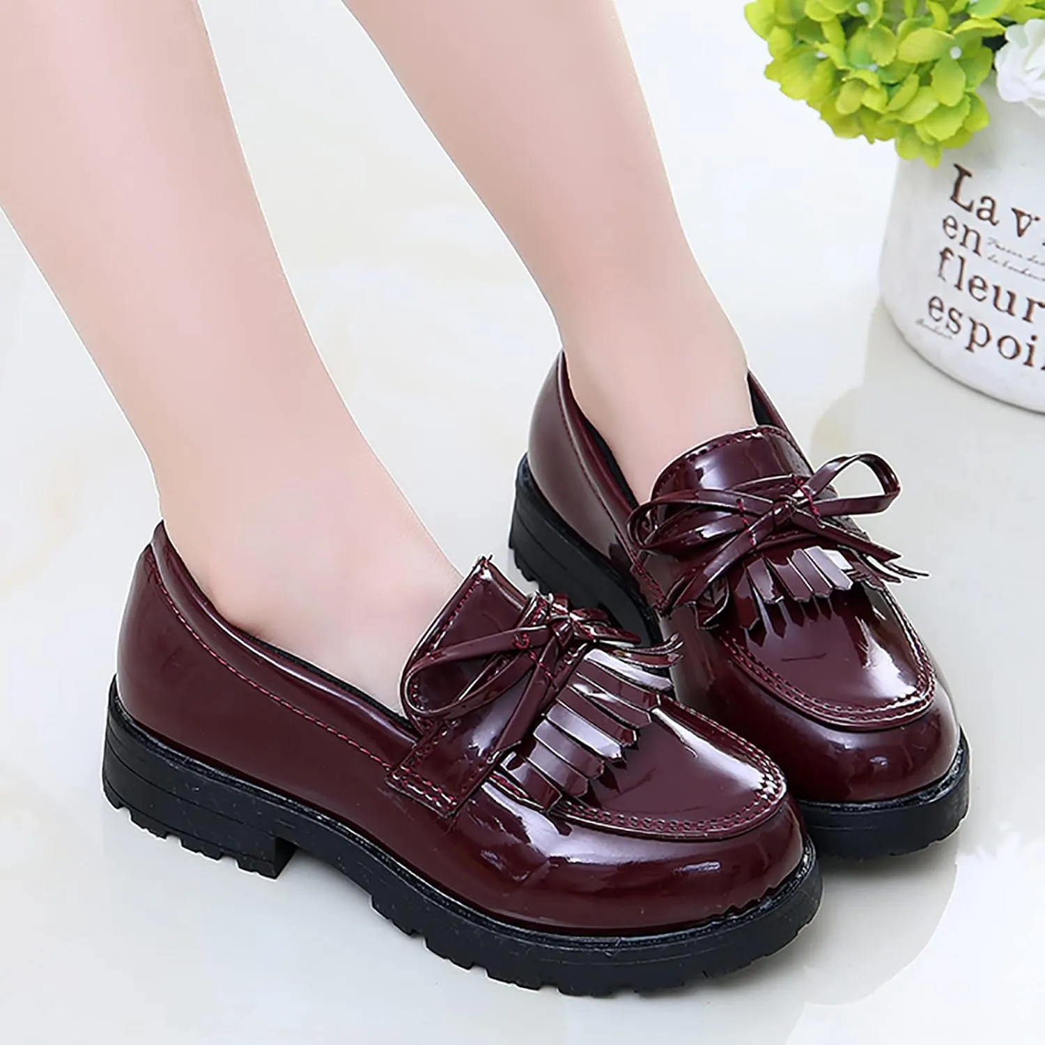 Girls Slip On Leather Loafer Tassel Bow Flats School Dress Shoes for Girls Toddler Walking Shoes (Wine, 25)