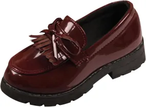 Girls Slip On Leather Loafer Tassel Bow Flats School Dress Shoes for Girls Toddler Walking Shoes (Wine, 25)