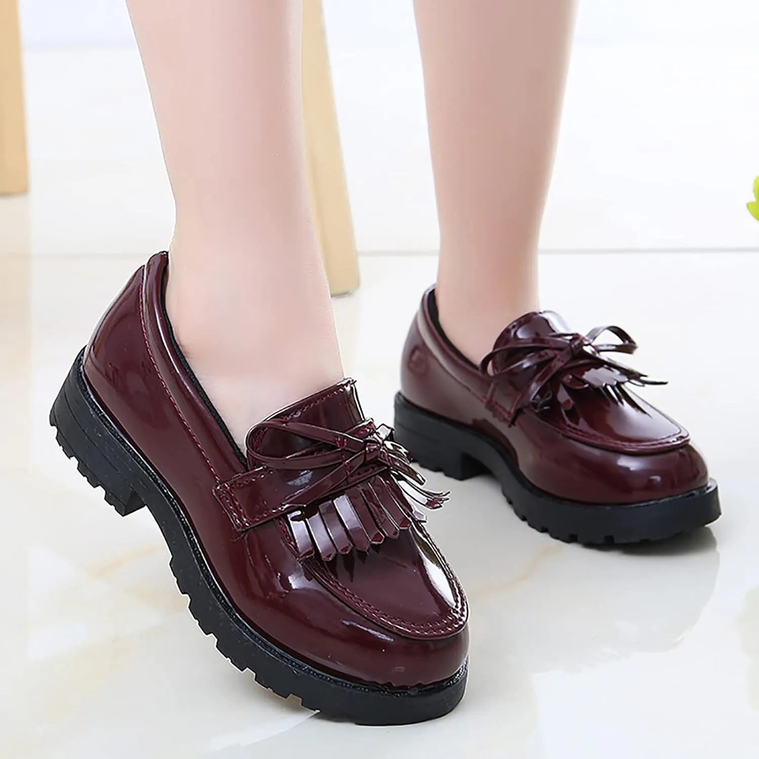 Girls Slip On Leather Loafer Tassel Bow Flats School Dress Shoes for Girls Toddler Walking Shoes (Wine, 25)