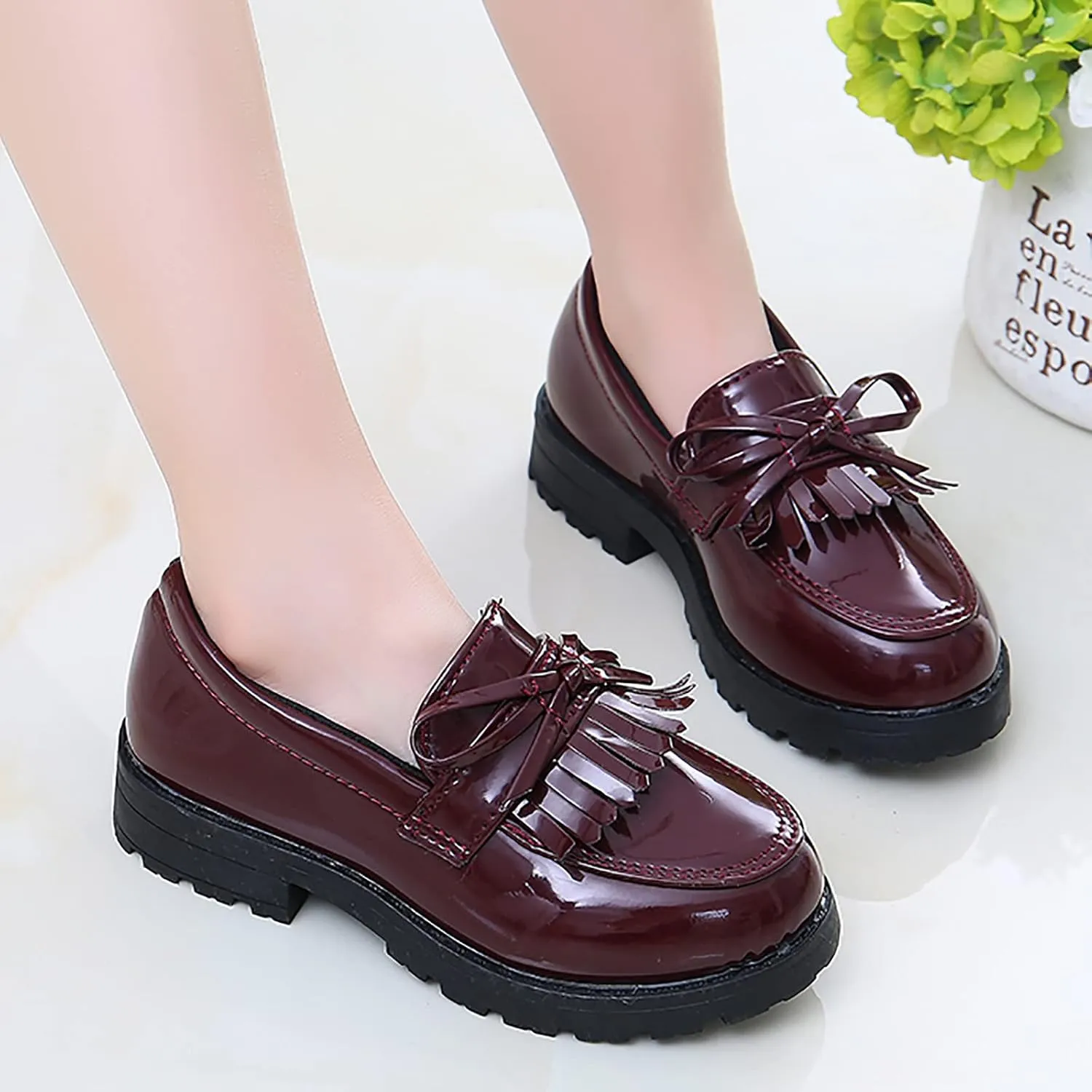 Girls Slip On Leather Loafer Tassel Bow Flats School Dress Shoes for Girls Toddler Walking Shoes (Wine, 25)