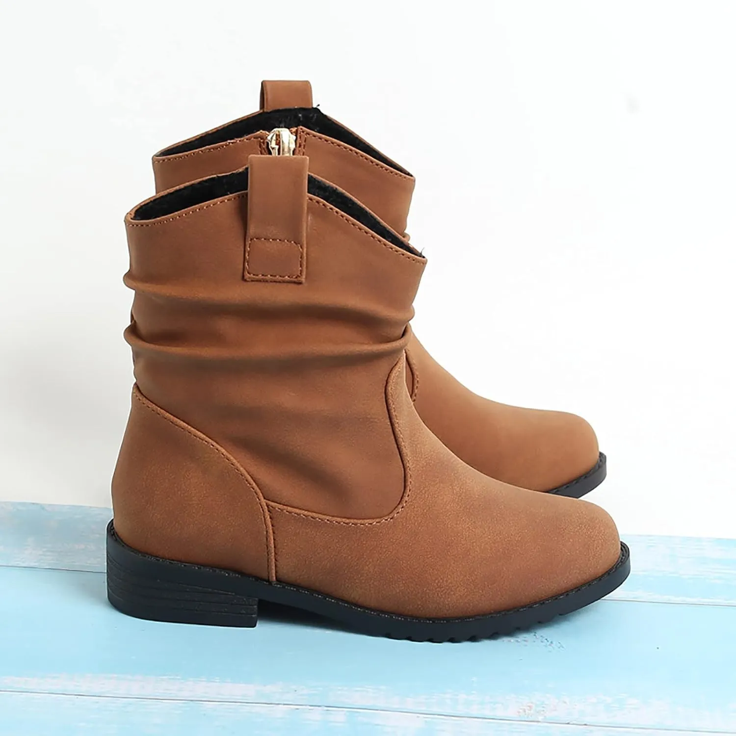 Girls Zip Side Slouchy Boots Western Boots Kids Ankle Boots Girls Low Heel Riding Booties With Toddler Girl Winter