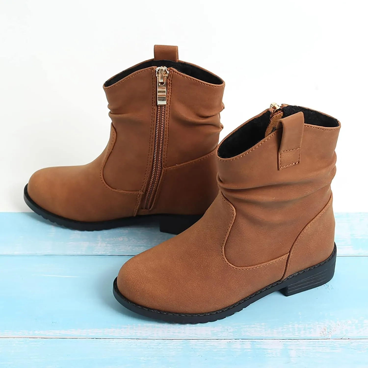 Girls Zip Side Slouchy Boots Western Boots Kids Ankle Boots Girls Low Heel Riding Booties With Toddler Girl Winter