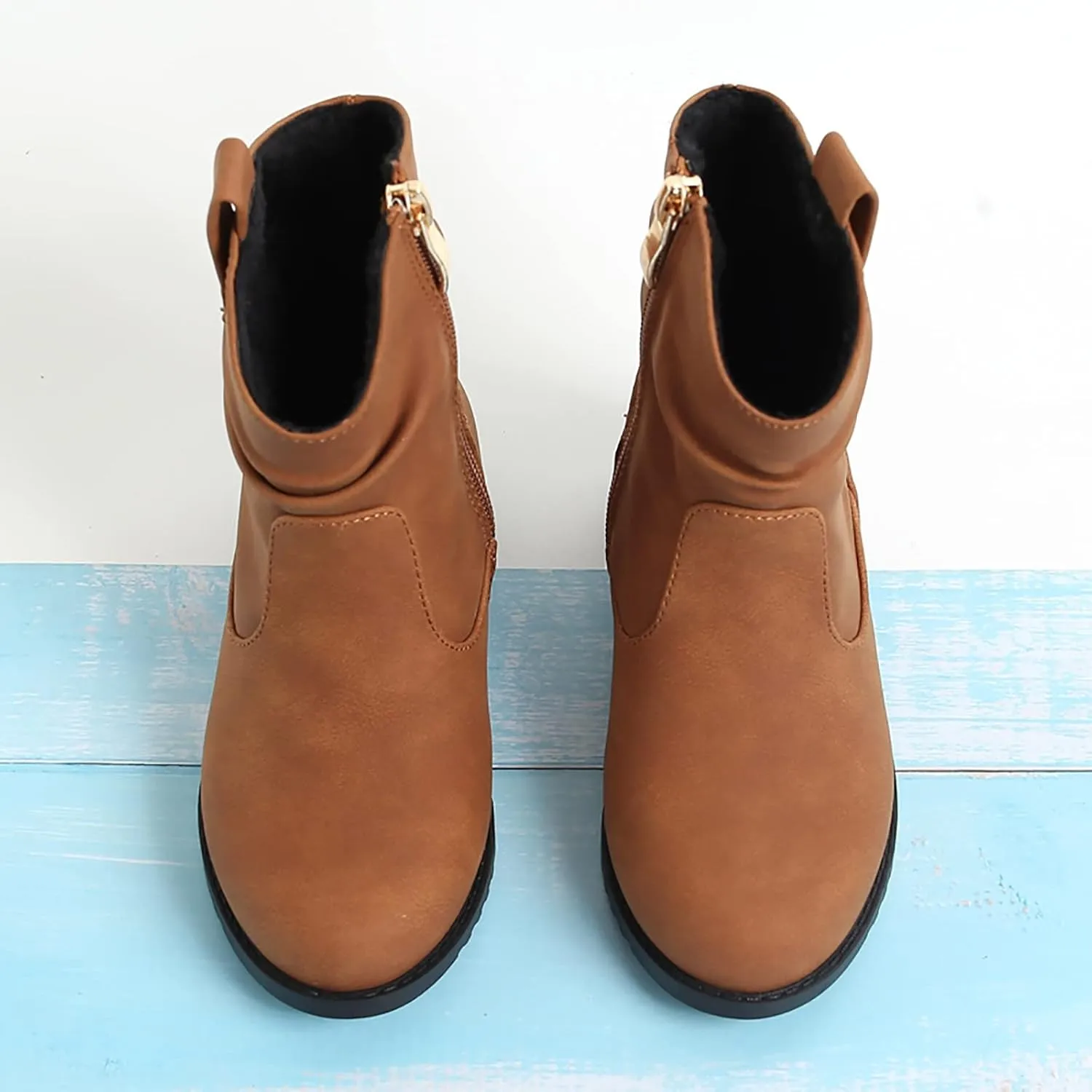 Girls Zip Side Slouchy Boots Western Boots Kids Ankle Boots Girls Low Heel Riding Booties With Toddler Girl Winter