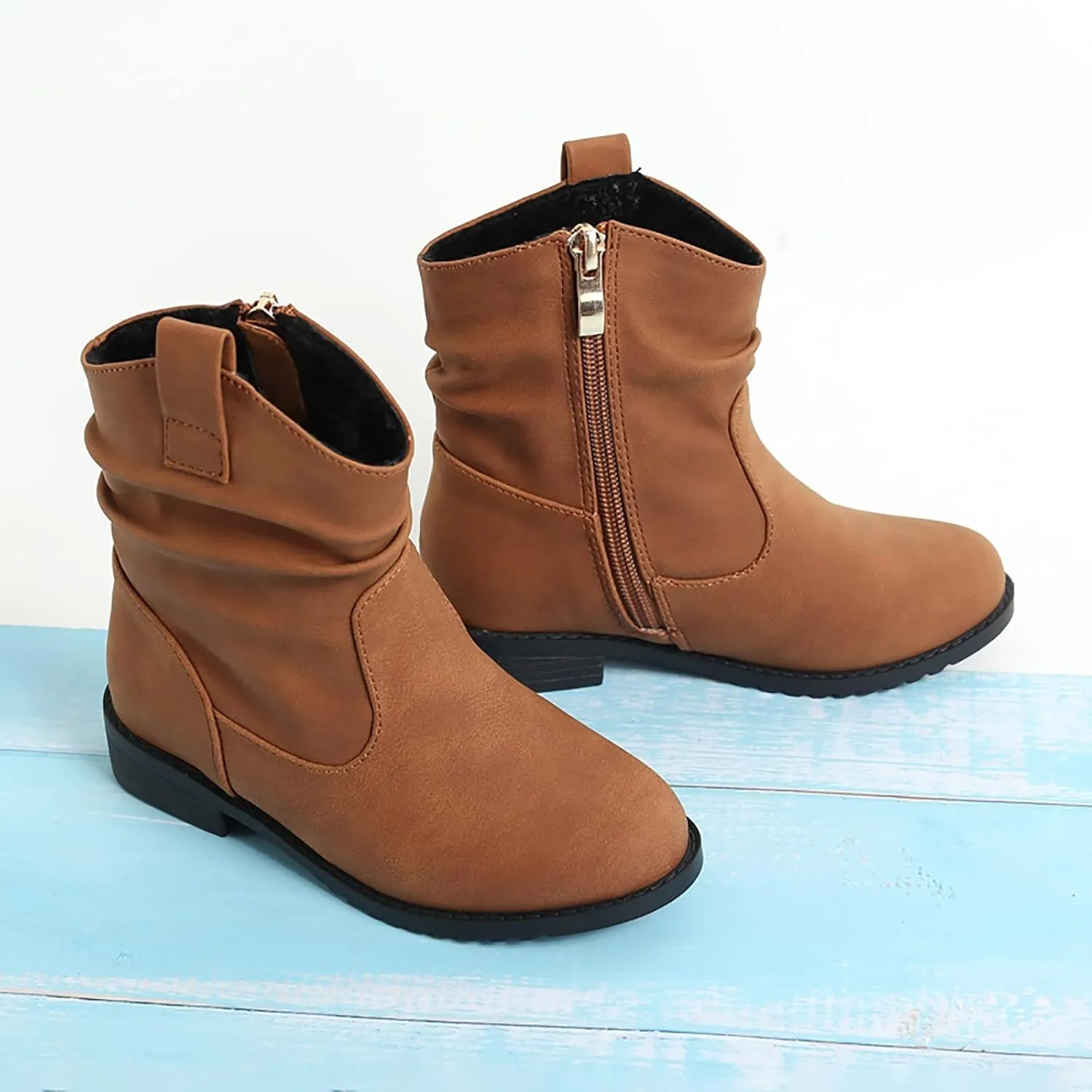 Girls Zip Side Slouchy Boots Western Boots Kids Ankle Boots Girls Low Heel Riding Booties With Toddler Girl Winter