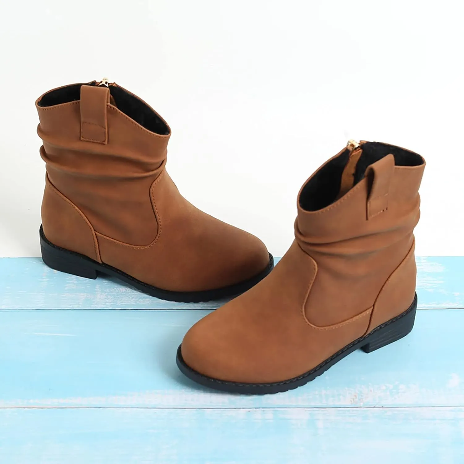 Girls Zip Side Slouchy Boots Western Boots Kids Ankle Boots Girls Low Heel Riding Booties With Toddler Girl Winter