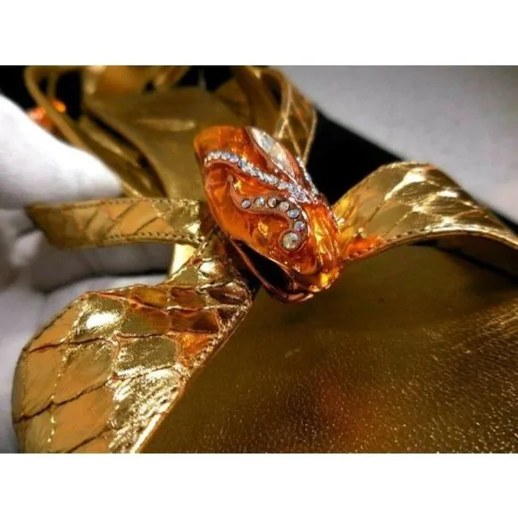 Gucci WHIPS Gold Leather Lame Snake Slingback