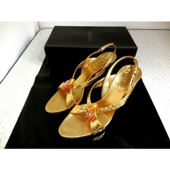 Gucci WHIPS Gold Leather Lame Snake Slingback