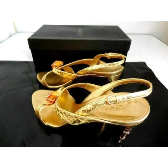Gucci WHIPS Gold Leather Lame Snake Slingback