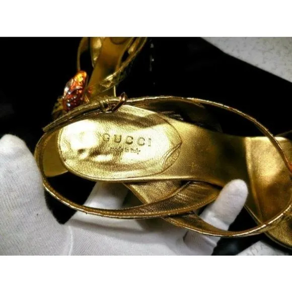 Gucci WHIPS Gold Leather Lame Snake Slingback