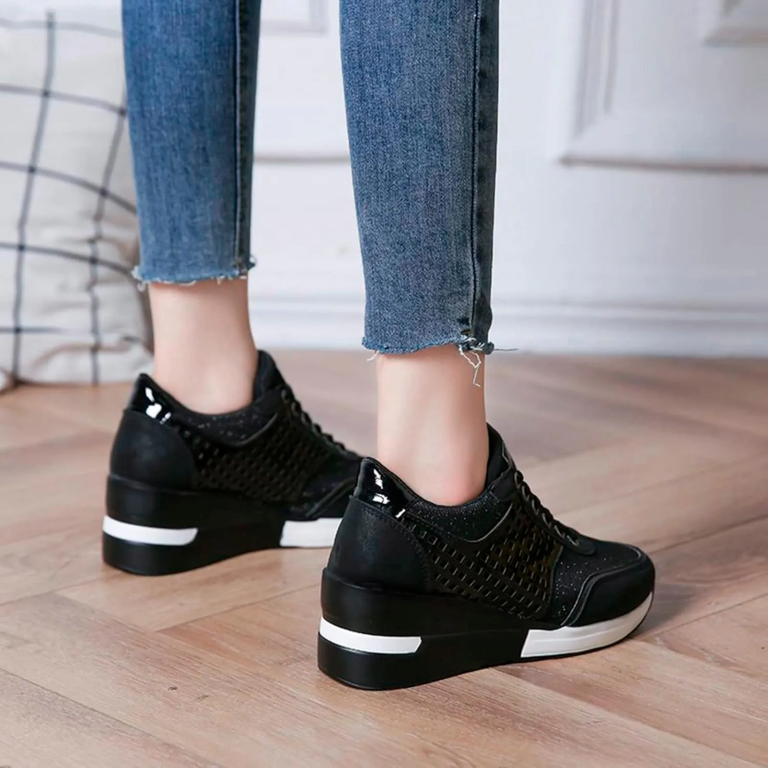 Hbeylia Platform Sneakers for Women Fashion Casual Chunky Bottom High Heels Low Top Canvas Shoes Casual Anti Skid Lace Up Slip On Work Shoes Tennis Sneaker Casual Walking Loafers Shoes