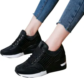 Hbeylia Platform Sneakers for Women Fashion Casual Chunky Bottom High Heels Low Top Canvas Shoes Casual Anti Skid Lace Up Slip On Work Shoes Tennis Sneaker Casual Walking Loafers Shoes
