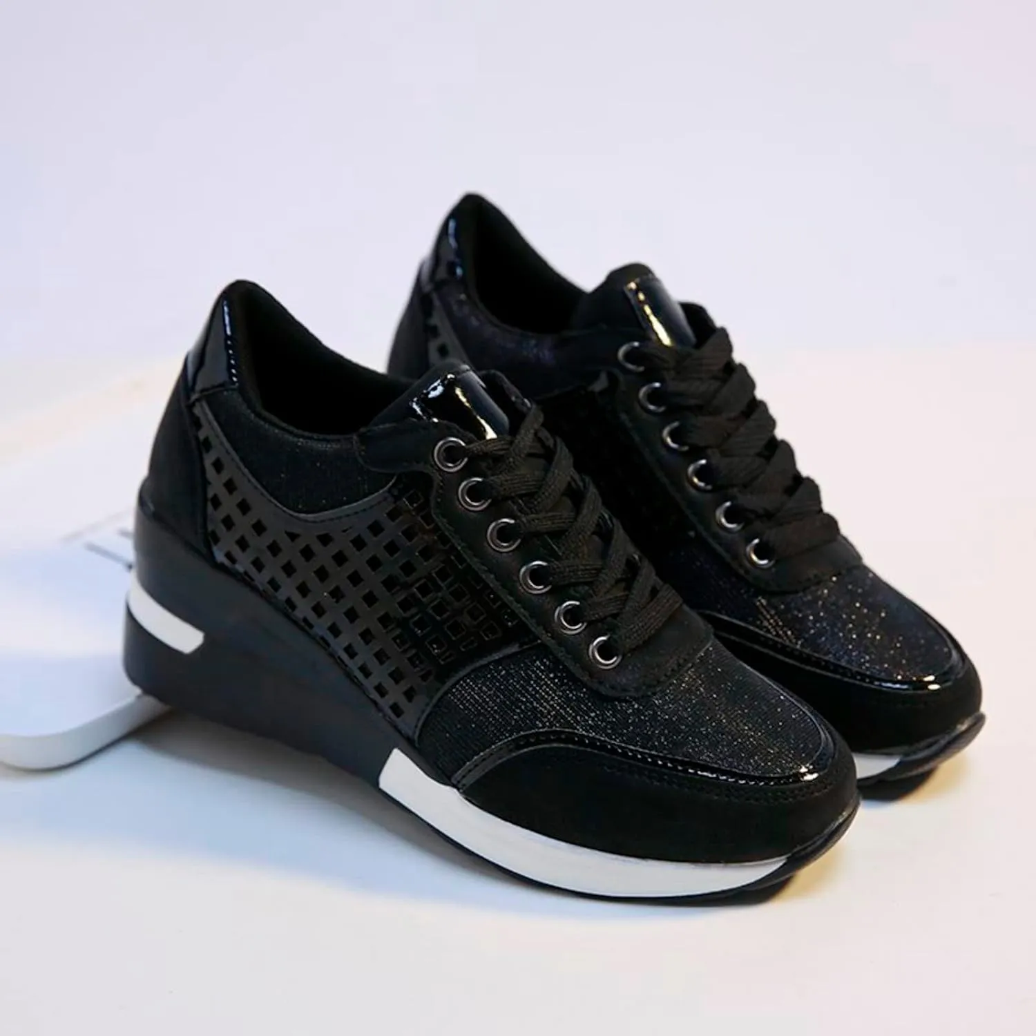 Hbeylia Platform Sneakers for Women Fashion Casual Chunky Bottom High Heels Low Top Canvas Shoes Casual Anti Skid Lace Up Slip On Work Shoes Tennis Sneaker Casual Walking Loafers Shoes