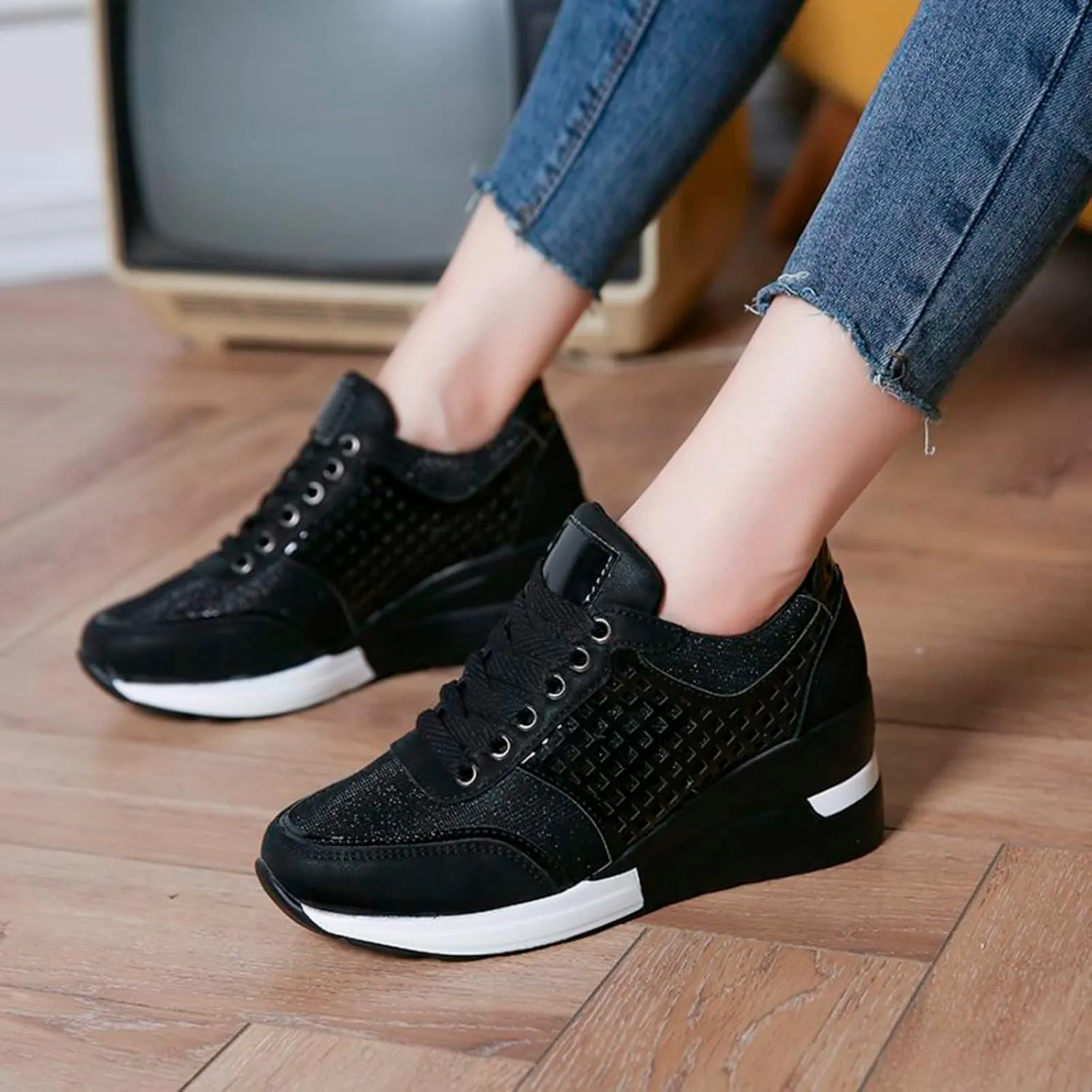 Hbeylia Platform Sneakers for Women Fashion Casual Chunky Bottom High Heels Low Top Canvas Shoes Casual Anti Skid Lace Up Slip On Work Shoes Tennis Sneaker Casual Walking Loafers Shoes