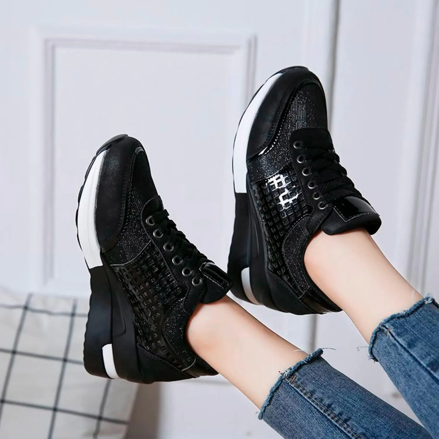 Hbeylia Platform Sneakers for Women Fashion Casual Chunky Bottom High Heels Low Top Canvas Shoes Casual Anti Skid Lace Up Slip On Work Shoes Tennis Sneaker Casual Walking Loafers Shoes