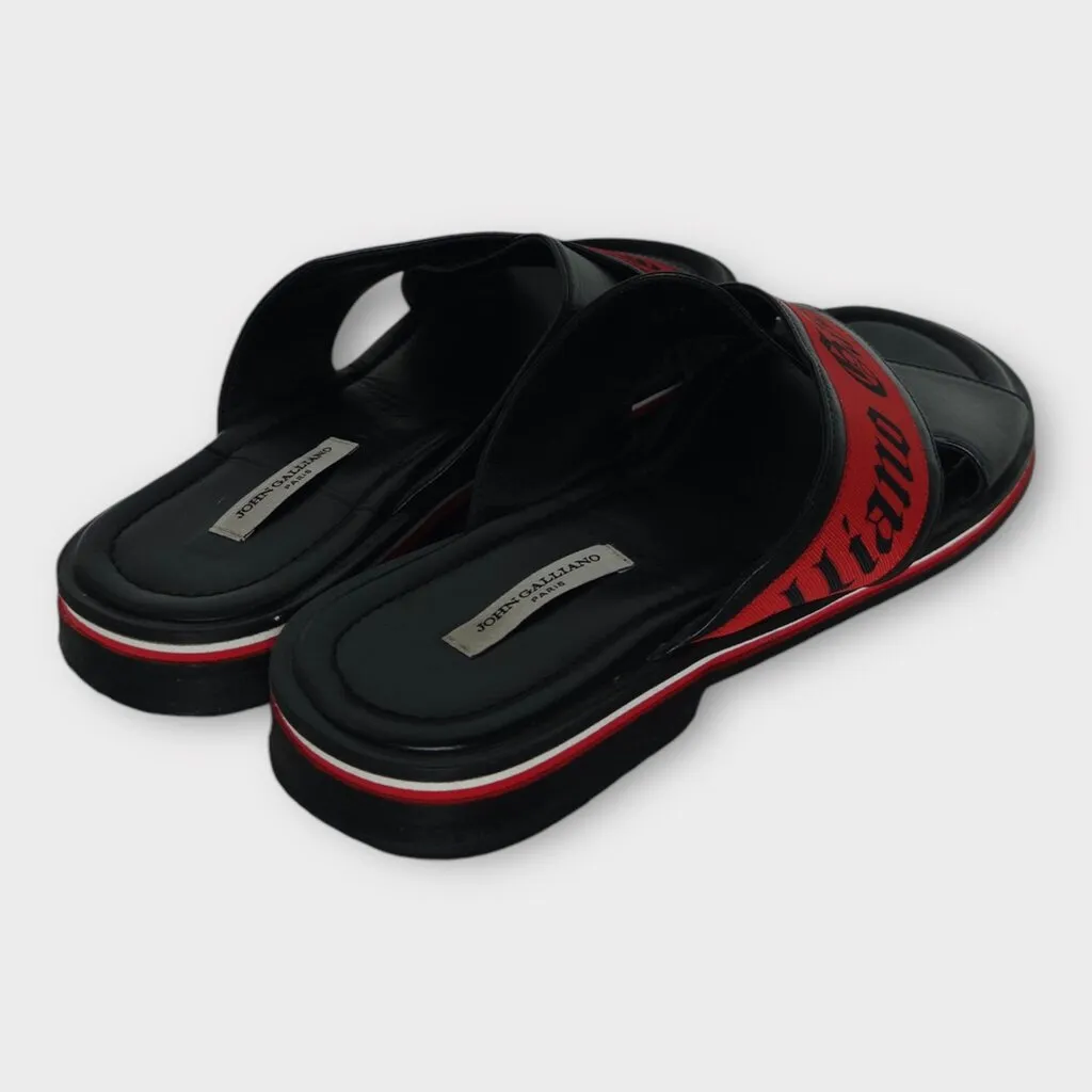 John Galliano Black Leather Red Fabric Cross Strap Sandals