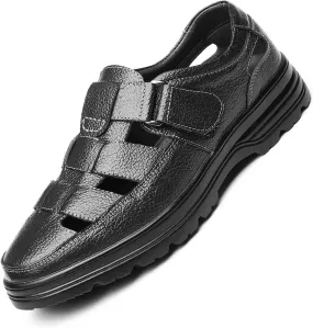 Mens Leather Shoes, Genuine Leather Sandals Breathable Hollow Soft Bottom Low Top Round Toe Business Casual Shoes, 47 EU,Black