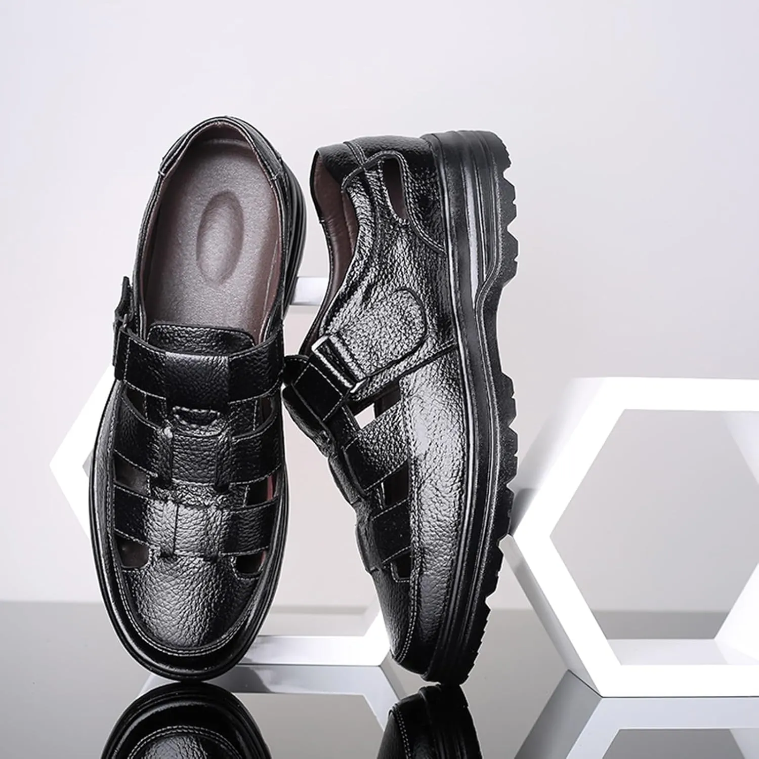 Mens Leather Shoes, Genuine Leather Sandals Breathable Hollow Soft Bottom Low Top Round Toe Business Casual Shoes, 47 EU,Black