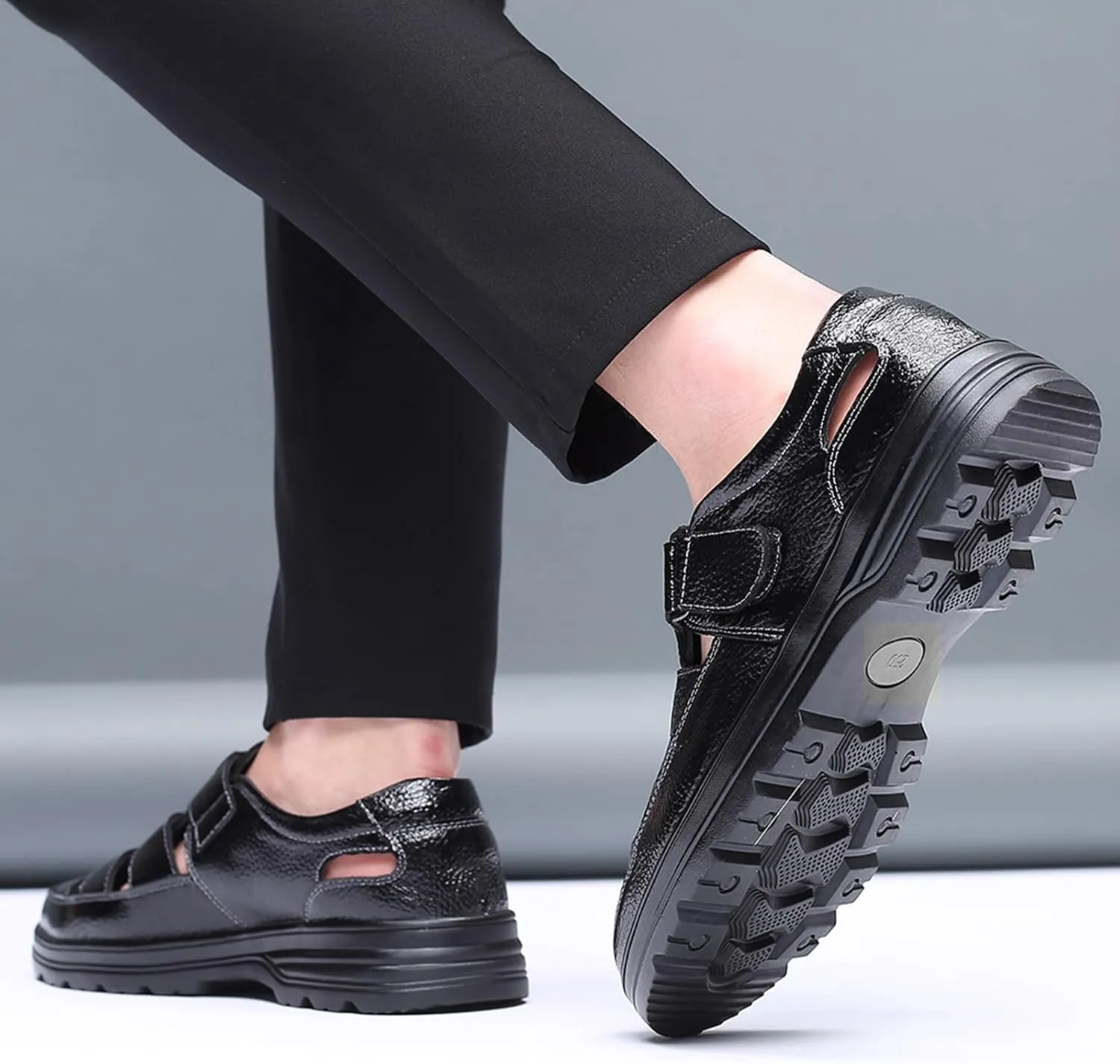Mens Leather Shoes, Genuine Leather Sandals Breathable Hollow Soft Bottom Low Top Round Toe Business Casual Shoes, 47 EU,Black