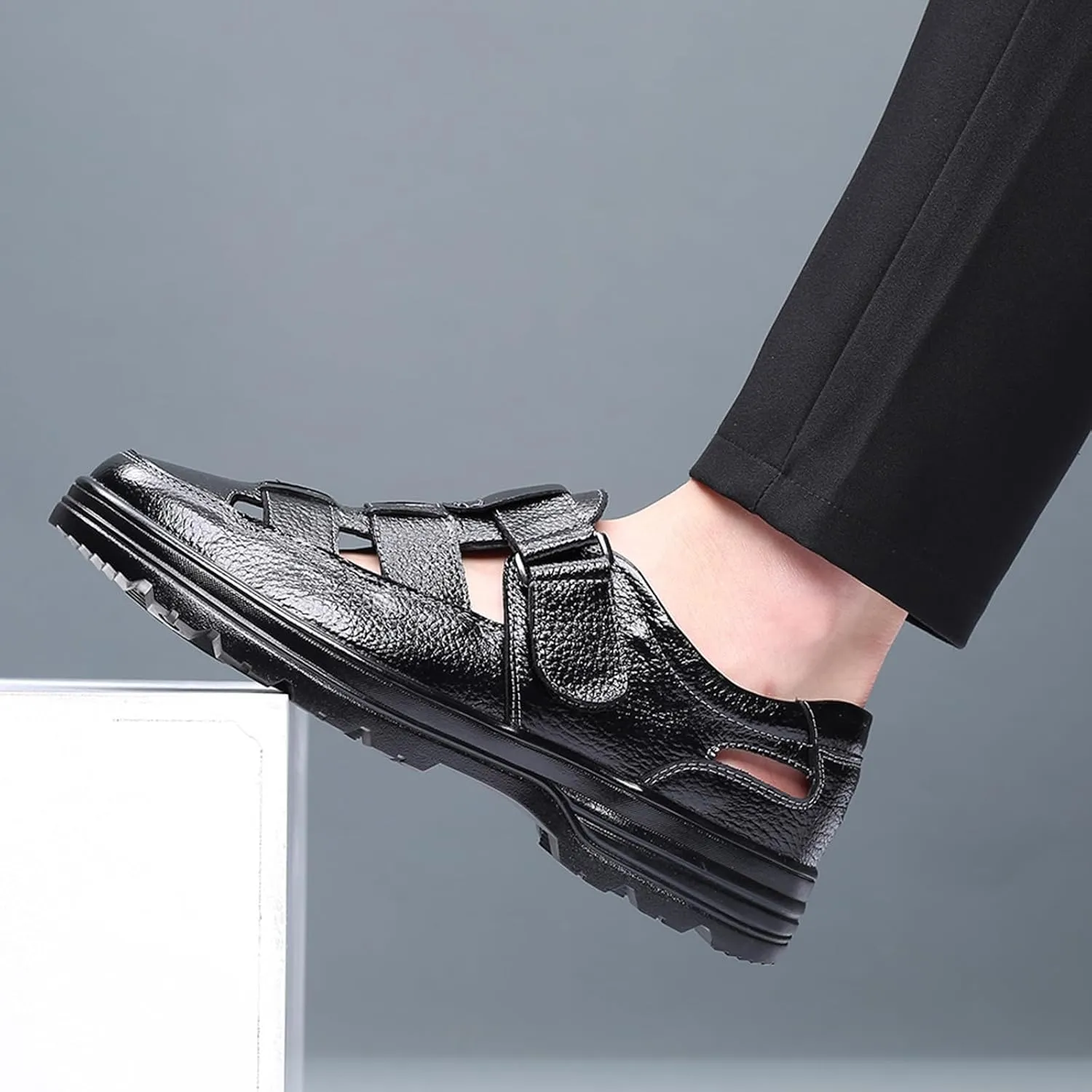 Mens Leather Shoes, Genuine Leather Sandals Breathable Hollow Soft Bottom Low Top Round Toe Business Casual Shoes, 47 EU,Black