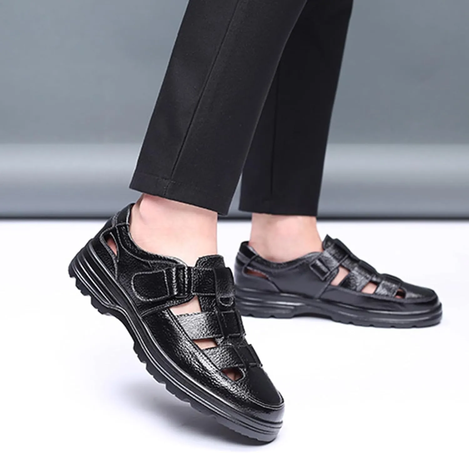 Mens Leather Shoes, Genuine Leather Sandals Breathable Hollow Soft Bottom Low Top Round Toe Business Casual Shoes, 47 EU,Black