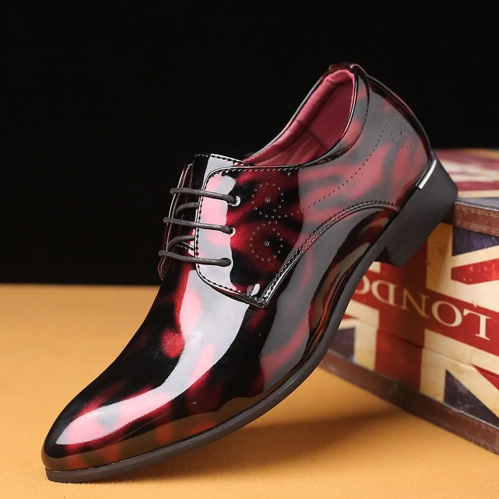 Men's Shiny Patent Leather Dress Shoes Office Working Premium Leather Lace Up Print Derby Oxford Shoes