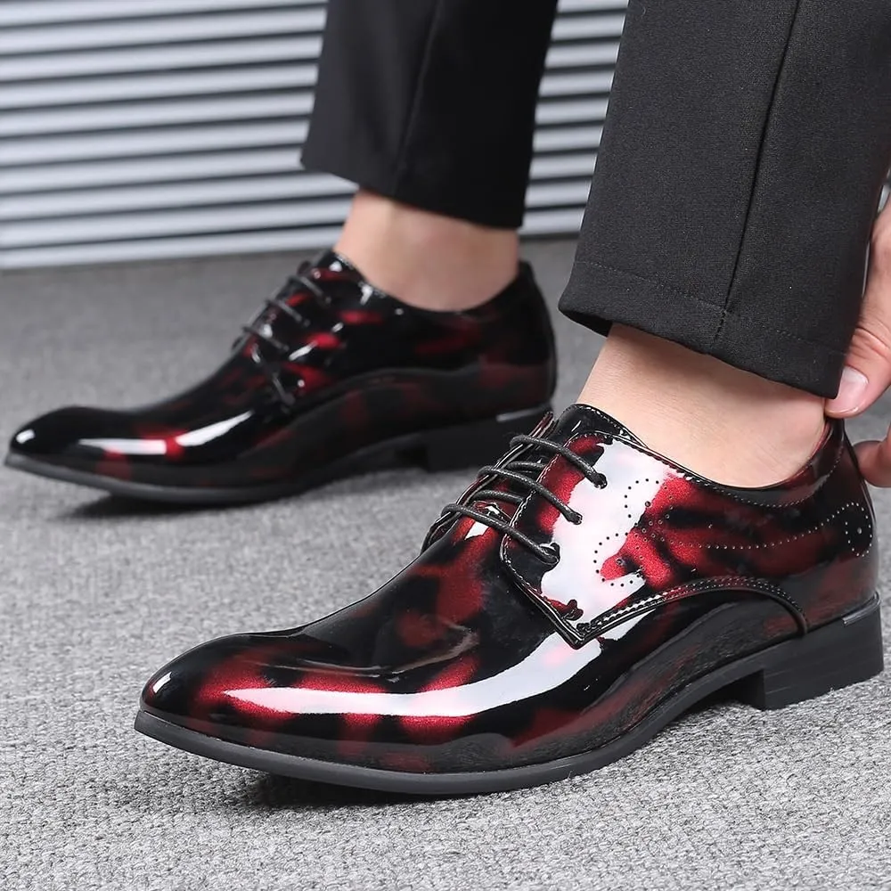 Men's Shiny Patent Leather Dress Shoes Office Working Premium Leather Lace Up Print Derby Oxford Shoes