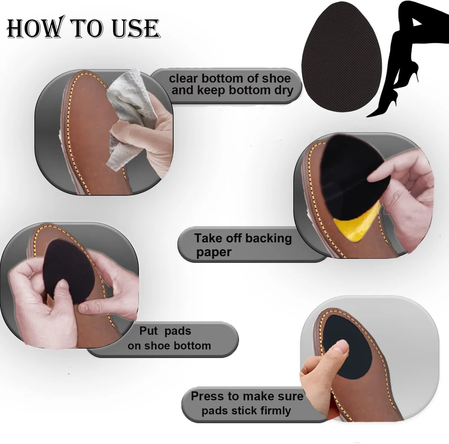 Non-Slip Shoes Pads Sole Protectors Adhesive, High Heels Anti-Slip Shoe Grips (Black 4pairs)