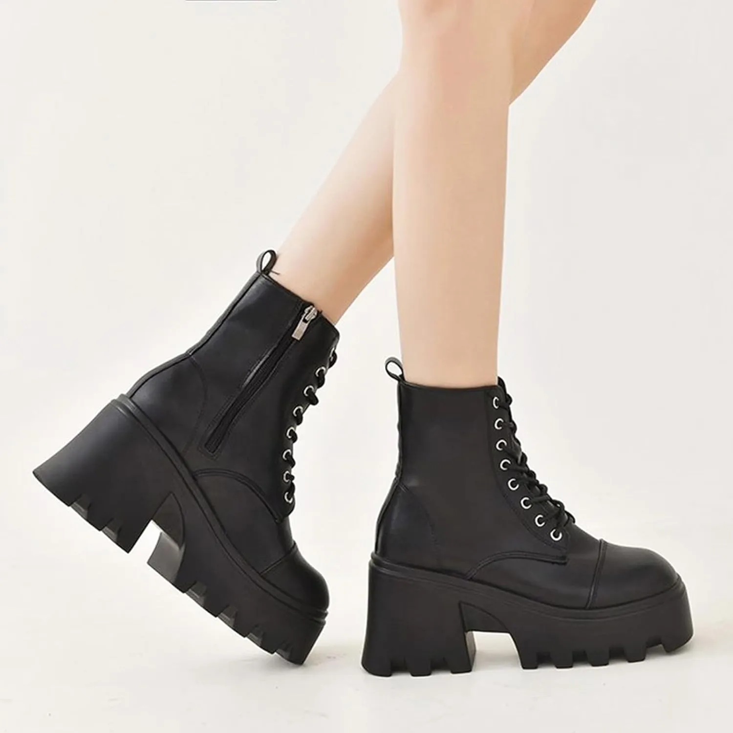 Platform Ankle Boots for Women,Square Toe Chunky Bottom High Heel Punk Boots Non-Slip Rubber Lug Sole Waterproof Casual Outdoor Walking Shoes Classic Lace-Up Thick Bottom Motorcycle Boots