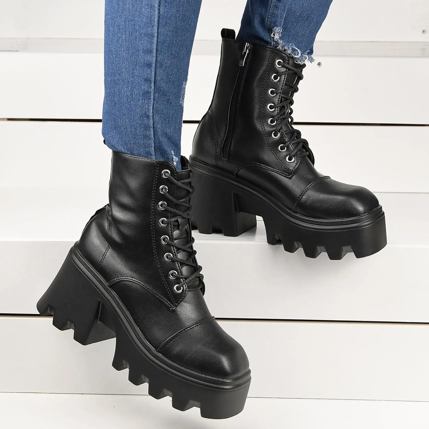 Platform Ankle Boots for Women,Square Toe Chunky Bottom High Heel Punk Boots Non-Slip Rubber Lug Sole Waterproof Casual Outdoor Walking Shoes Classic Lace-Up Thick Bottom Motorcycle Boots