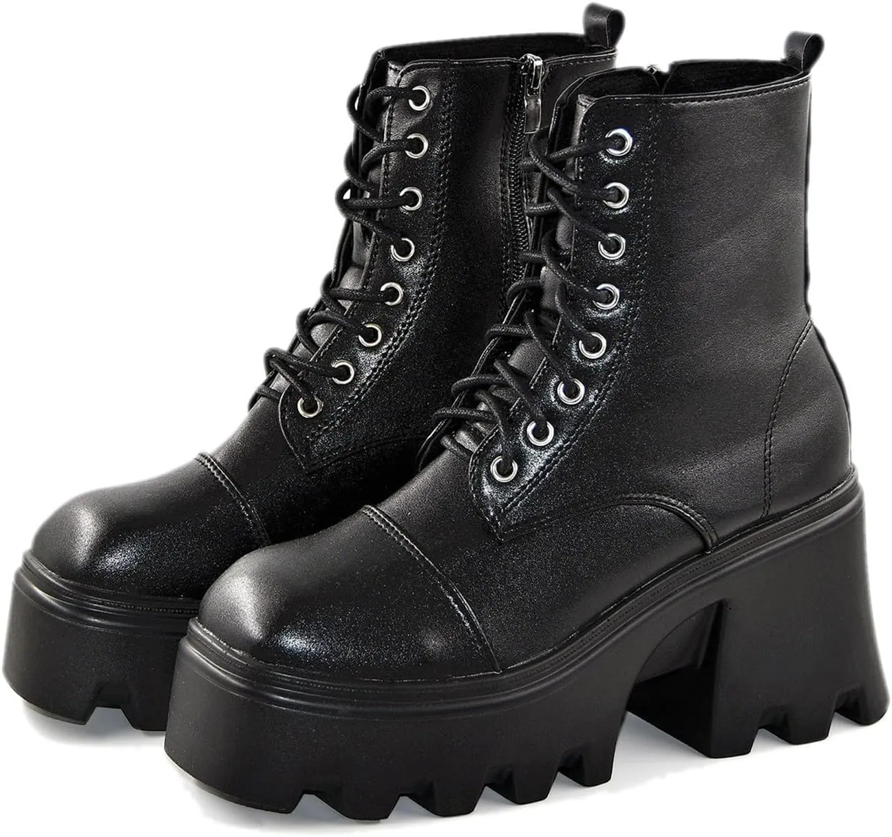 Platform Ankle Boots for Women,Square Toe Chunky Bottom High Heel Punk Boots Non-Slip Rubber Lug Sole Waterproof Casual Outdoor Walking Shoes Classic Lace-Up Thick Bottom Motorcycle Boots
