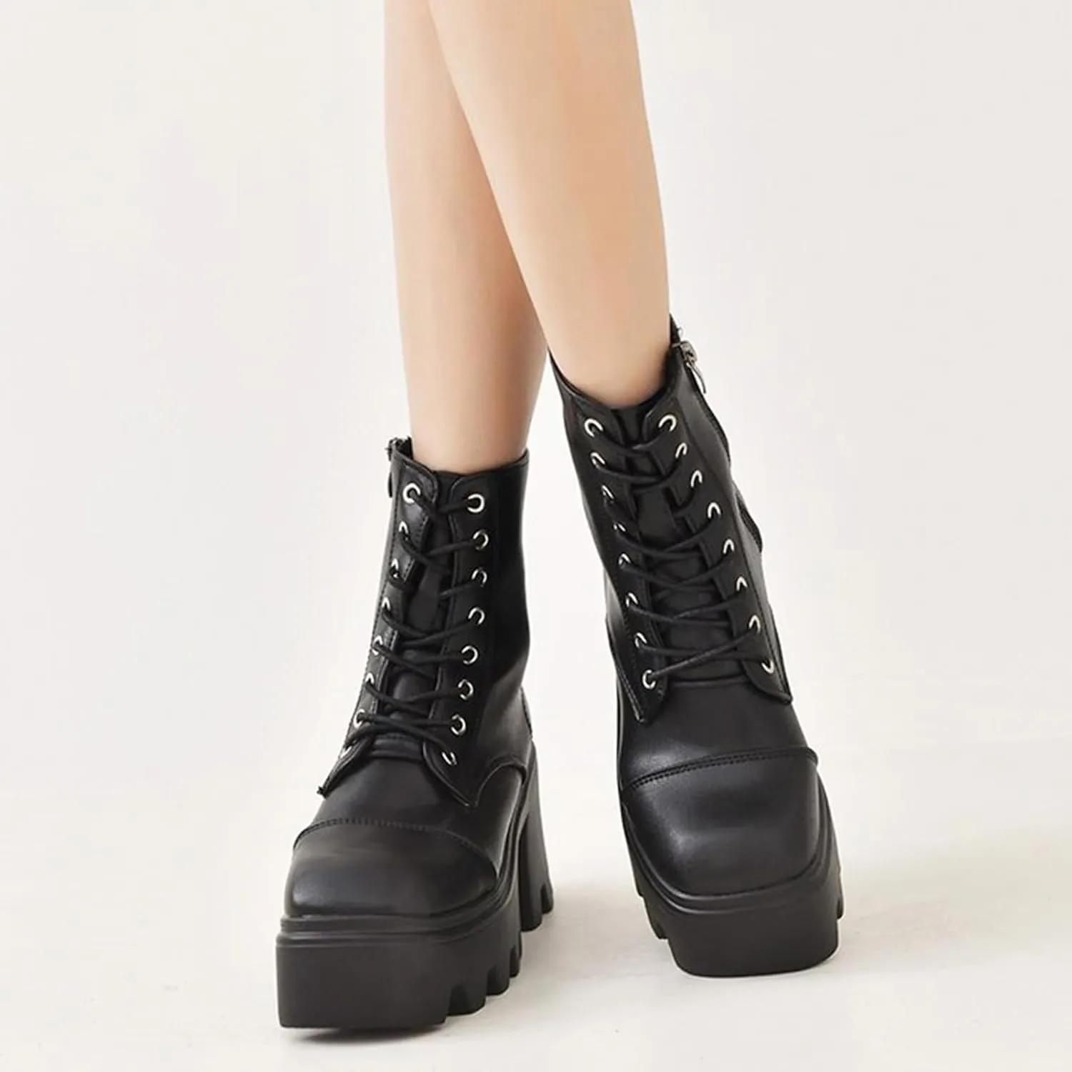 Platform Ankle Boots for Women,Square Toe Chunky Bottom High Heel Punk Boots Non-Slip Rubber Lug Sole Waterproof Casual Outdoor Walking Shoes Classic Lace-Up Thick Bottom Motorcycle Boots