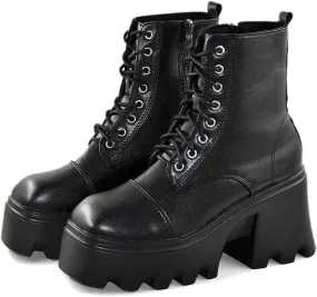 Platform Ankle Boots for Women,Square Toe Chunky Bottom High Heel Punk Boots Non-Slip Rubber Lug Sole Waterproof Casual Outdoor Walking Shoes Classic Lace-Up Thick Bottom Motorcycle Boots