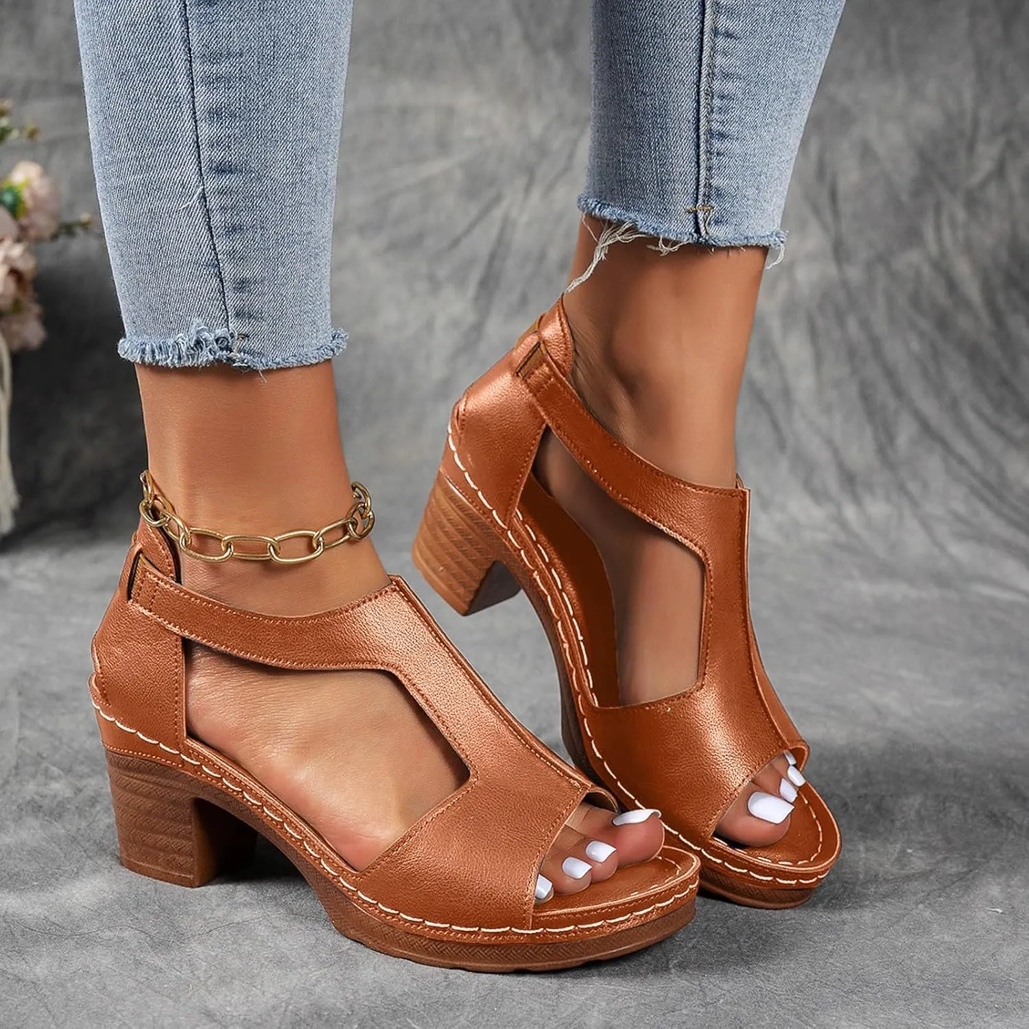 Sandals for Women Chunky Heel Ankle Strap Womens Wedge Sandals Casual Slip On Beach Open Toe Comfortable Summer Shoes