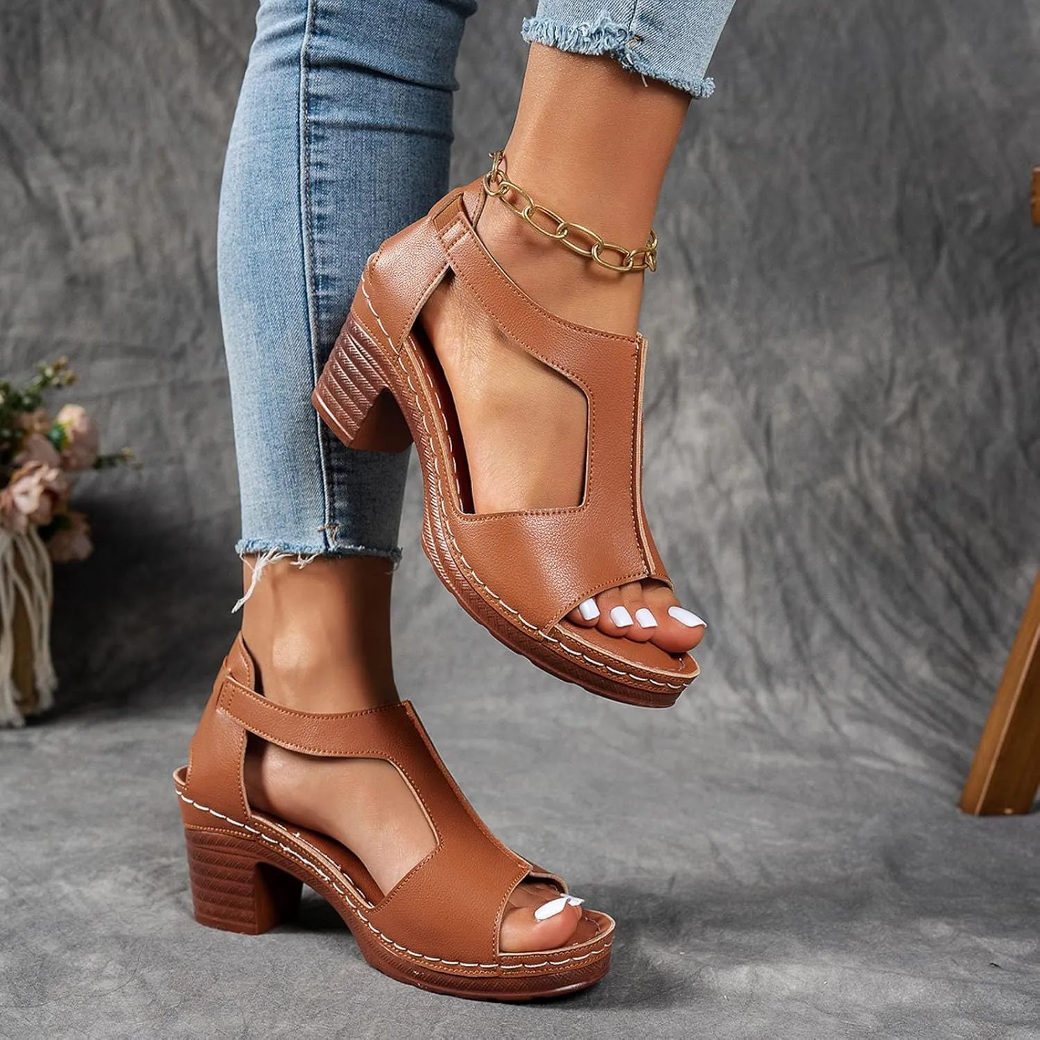 Sandals for Women Chunky Heel Ankle Strap Womens Wedge Sandals Casual Slip On Beach Open Toe Comfortable Summer Shoes