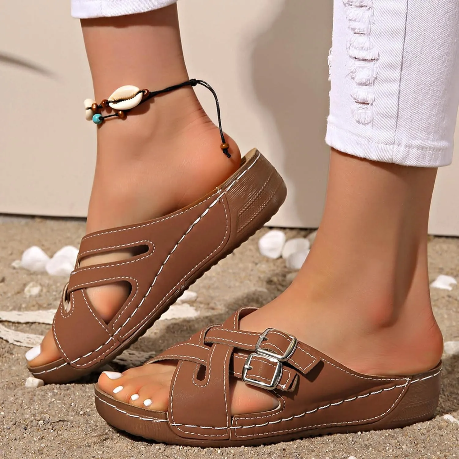 Sandals for Women Comfortable Arch Support Slide Shoes Slip On Dressy Summer Sandal Open Toe Wedge Sandals Walking
