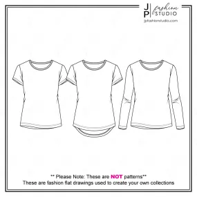 Set of Women Tops Fashion Flat Sketches (3 styles) / T-shirt Technical Drawings / Short sleeves and Long Sleeves tops