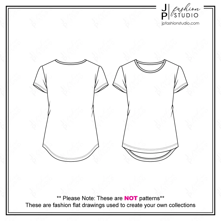 Set of Women Tops Fashion Flat Sketches (3 styles) / T-shirt Technical Drawings / Short sleeves and Long Sleeves tops