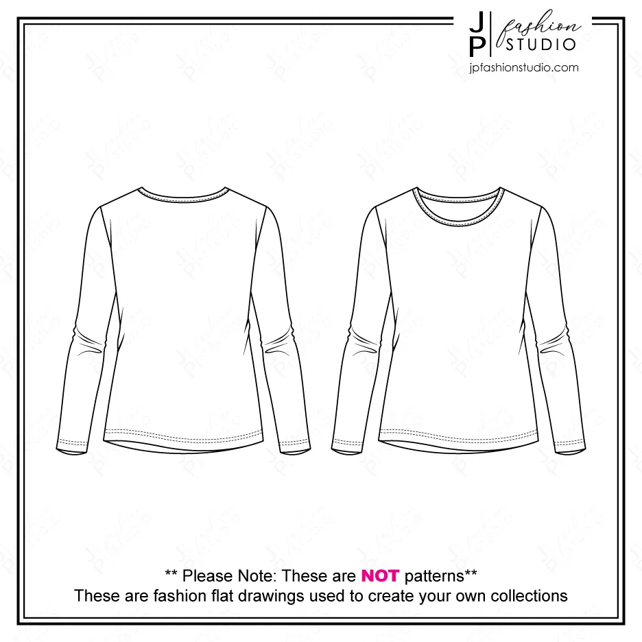 Set of Women Tops Fashion Flat Sketches (3 styles) / T-shirt Technical Drawings / Short sleeves and Long Sleeves tops